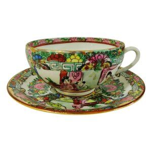 Chinese Export Rose Medallion Tea Cups & Saucers, Mid-19th Century, Set of 2